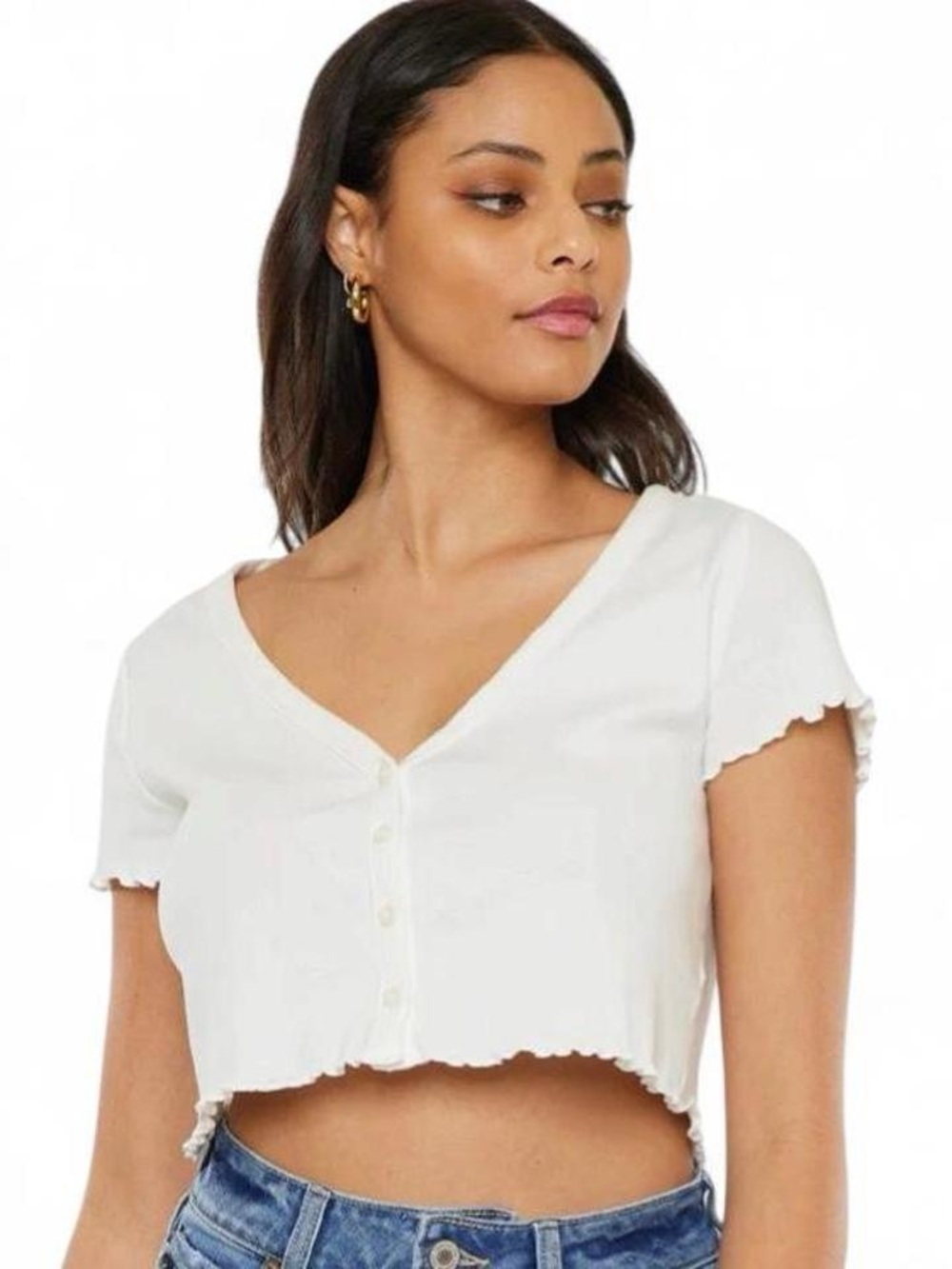 Cropped V-Neck Button Front Top - White
